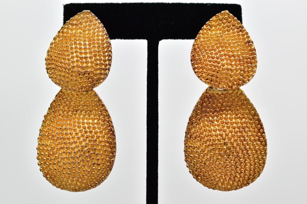 Vintage Textured Clip On Earrings Dangle Antiqued Gold Tone Chunky 1980s BinAI